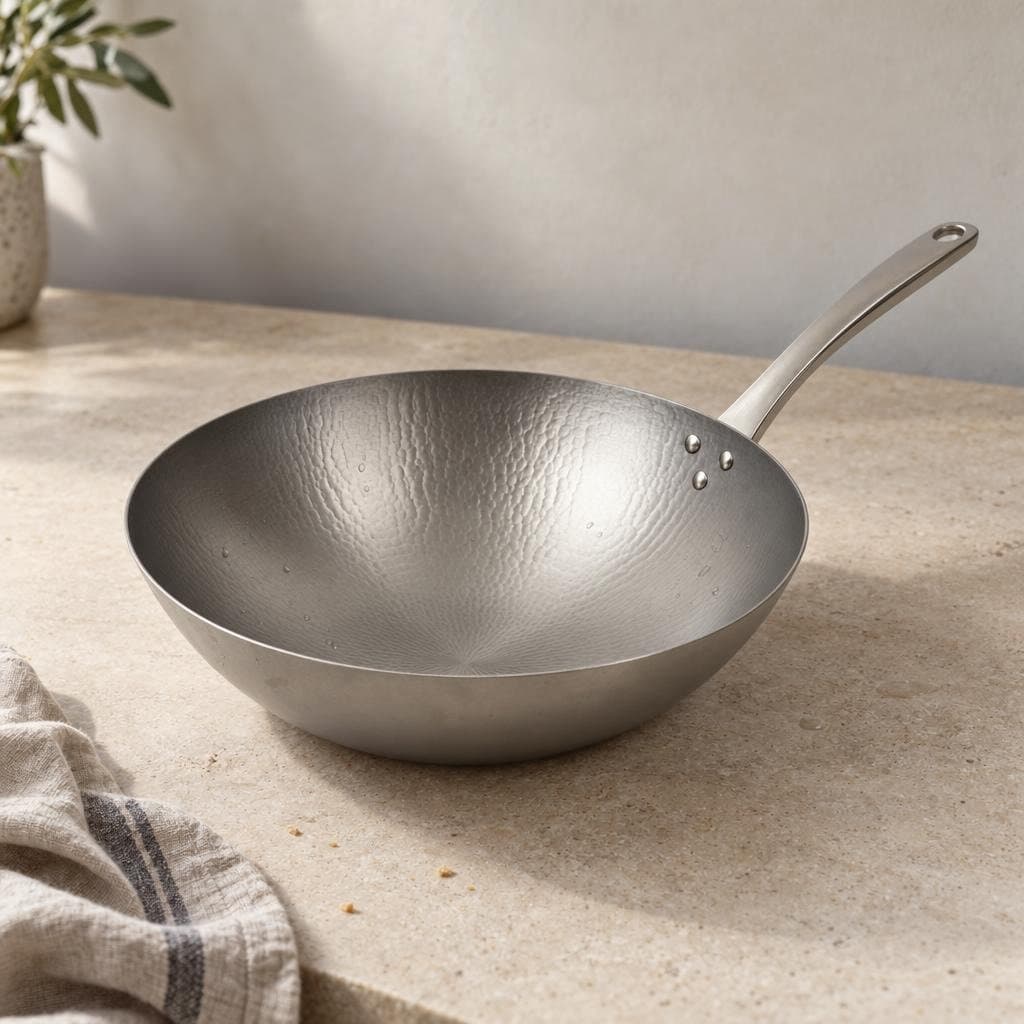 Wok 30 cm à surface de cuisson en titane, vue de trois quarts (visuel de synthèse)