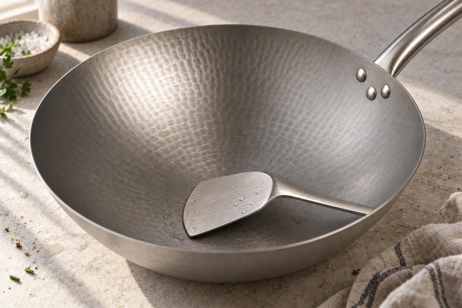 Spatule métallique posée sur la surface du wok (visuel de synthèse)