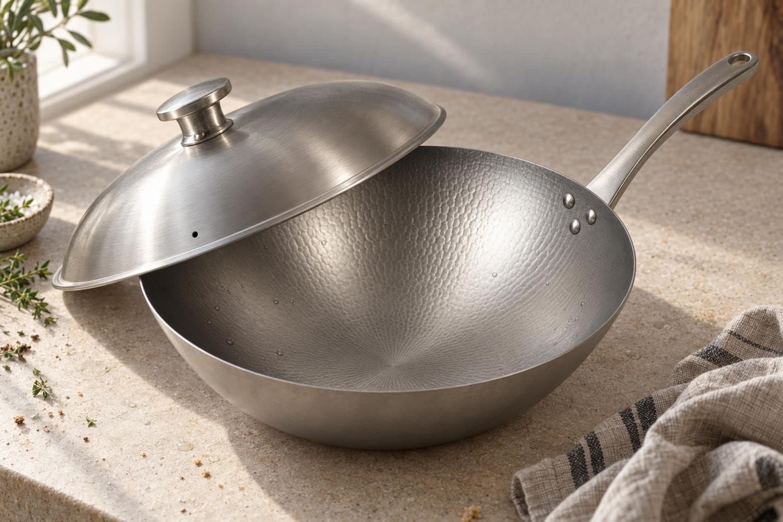 Le wok avec son couvercle en inox posé de biais sur le bord (visuel de synthèse)